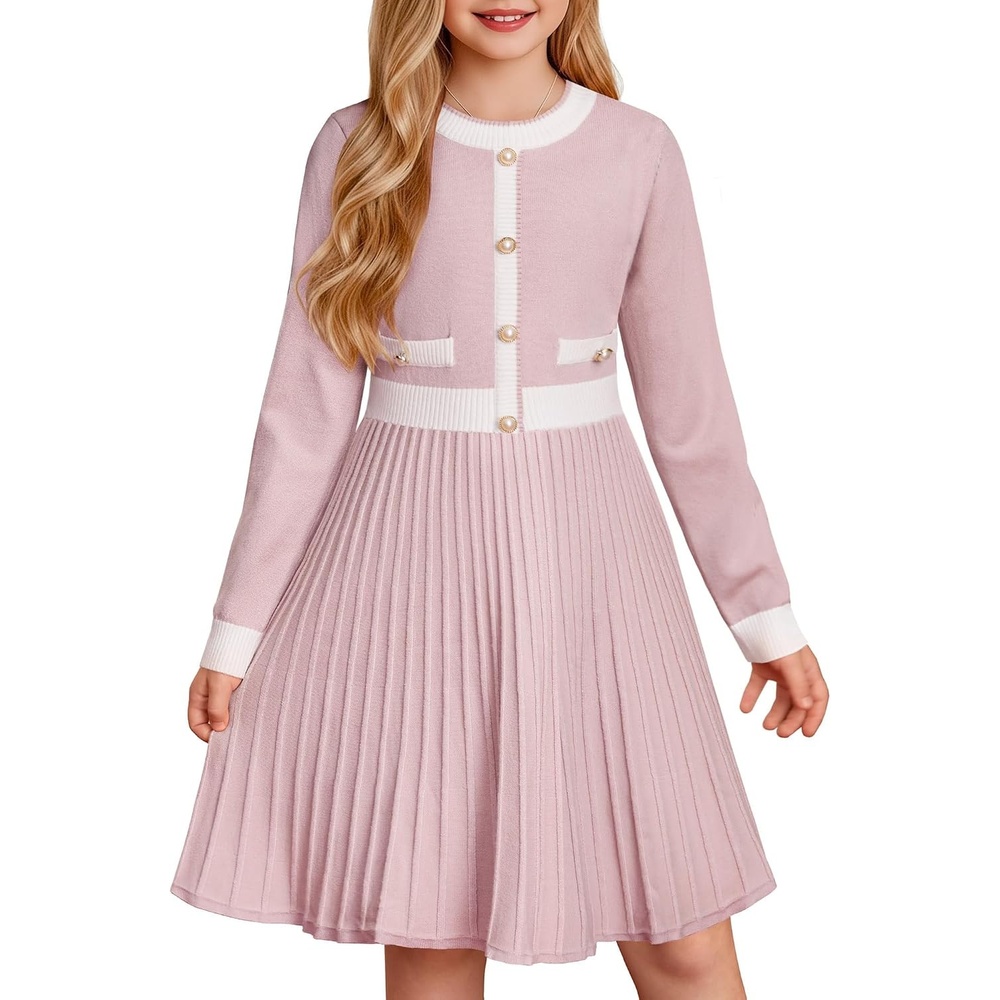 image:imageGRACE KARIN Girls Sweater Fall Dress Long Sleeve Casual Winter Dresses 616 Holiday School Birthday Church Party Elegant Preppy Color Block TweenPink