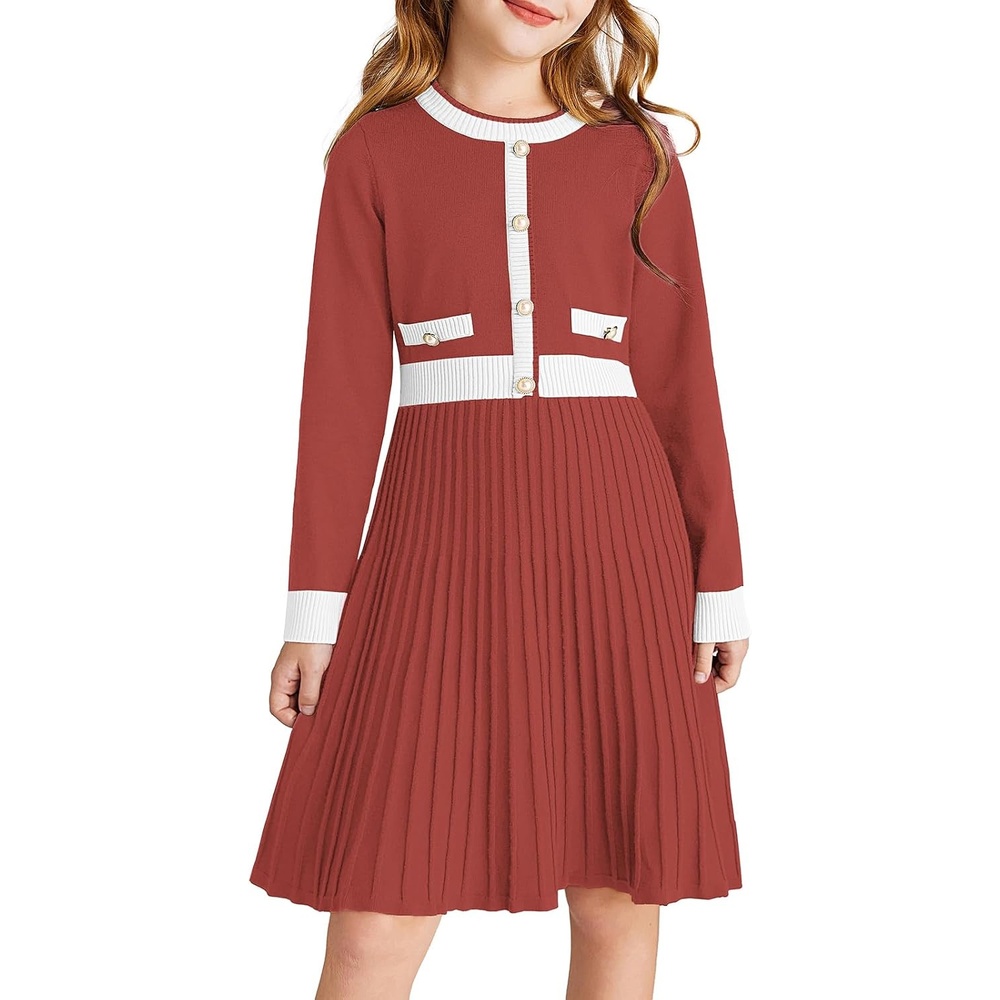 image:imageGRACE KARIN Girls Sweater Fall Dress Long Sleeve Casual Winter Dresses 616 Holiday School Birthday Church Party Elegant Preppy Color Block TweenReddish Brown