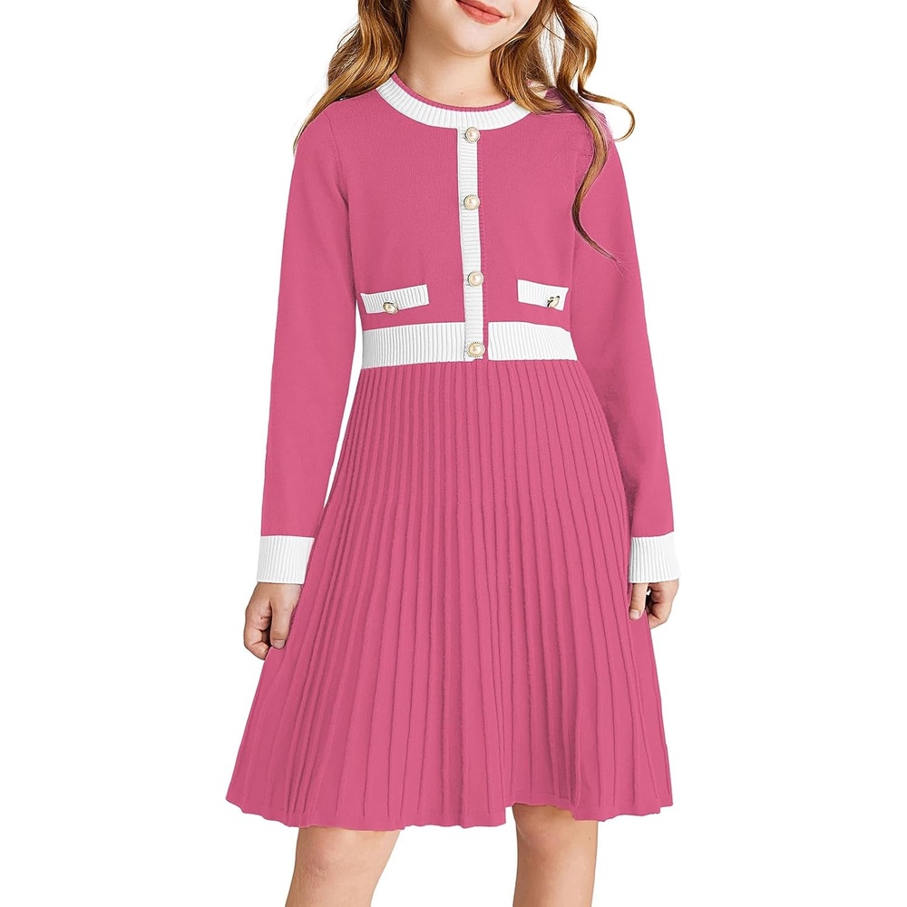 image:imageGRACE KARIN Girls Sweater Fall Dress Long Sleeve Casual Winter Dresses 616 Holiday School Birthday Church Party Elegant Preppy Color Block TweenRose Pink