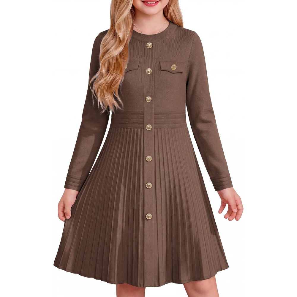 image:imageGRACE KARIN Girls Sweater Fall Dress Long Sleeve Knit Button Front Pleated ALine Casual Winter Midi Dresses 514YBrown