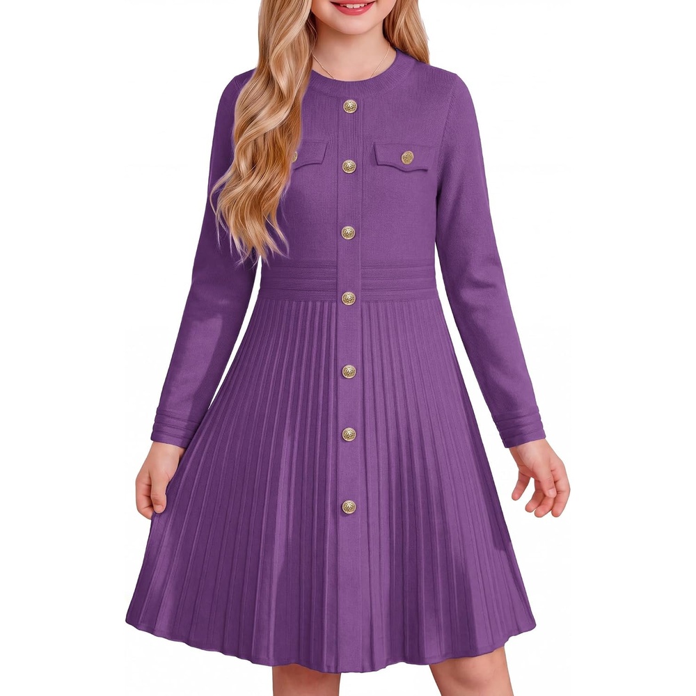 image:imageGRACE KARIN Girls Sweater Fall Dress Long Sleeve Knit Button Front Pleated ALine Casual Winter Midi Dresses 514YGrape Purple