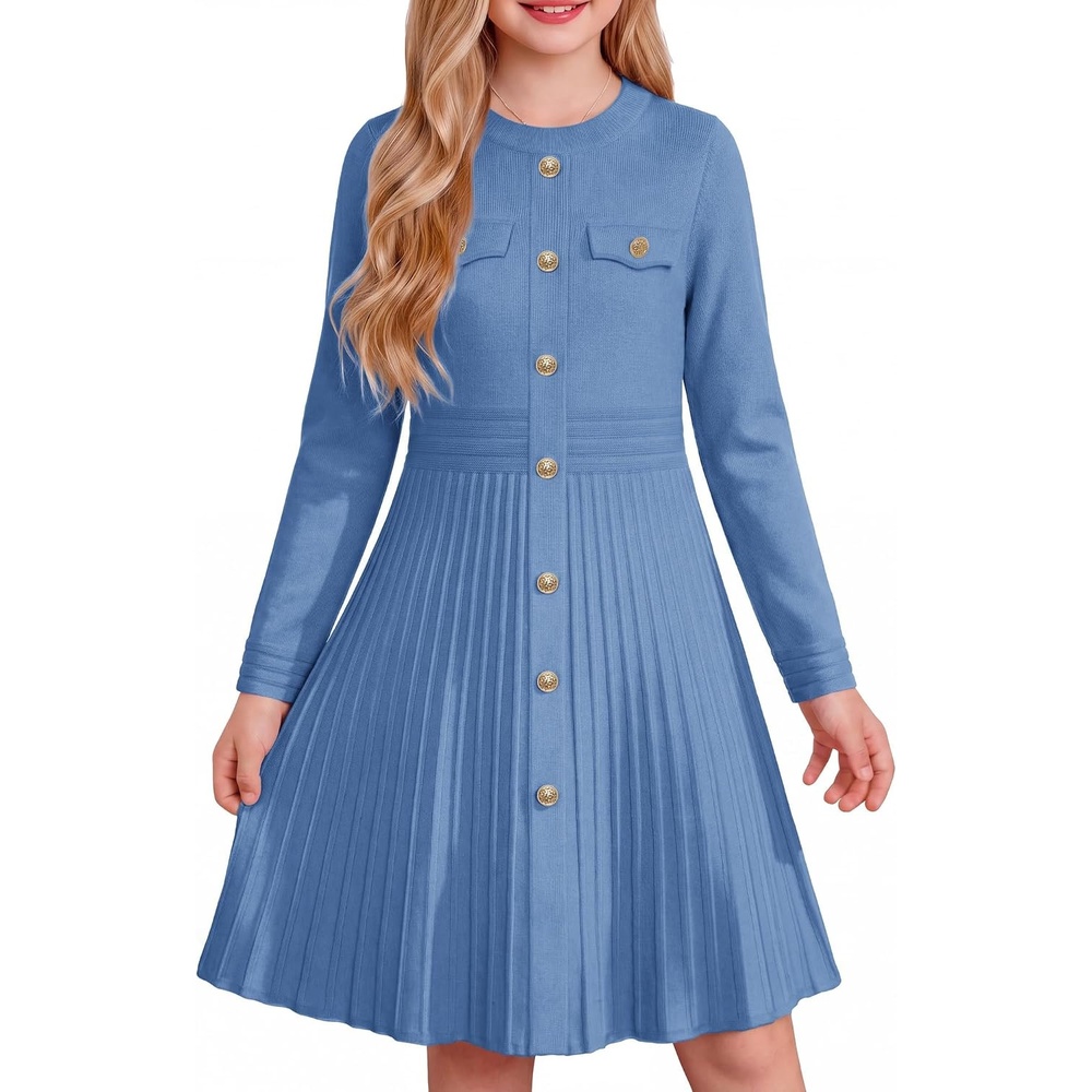 image:imageGRACE KARIN Girls Sweater Fall Dress Long Sleeve Knit Button Front Pleated ALine Casual Winter Midi Dresses 514YSky Blue