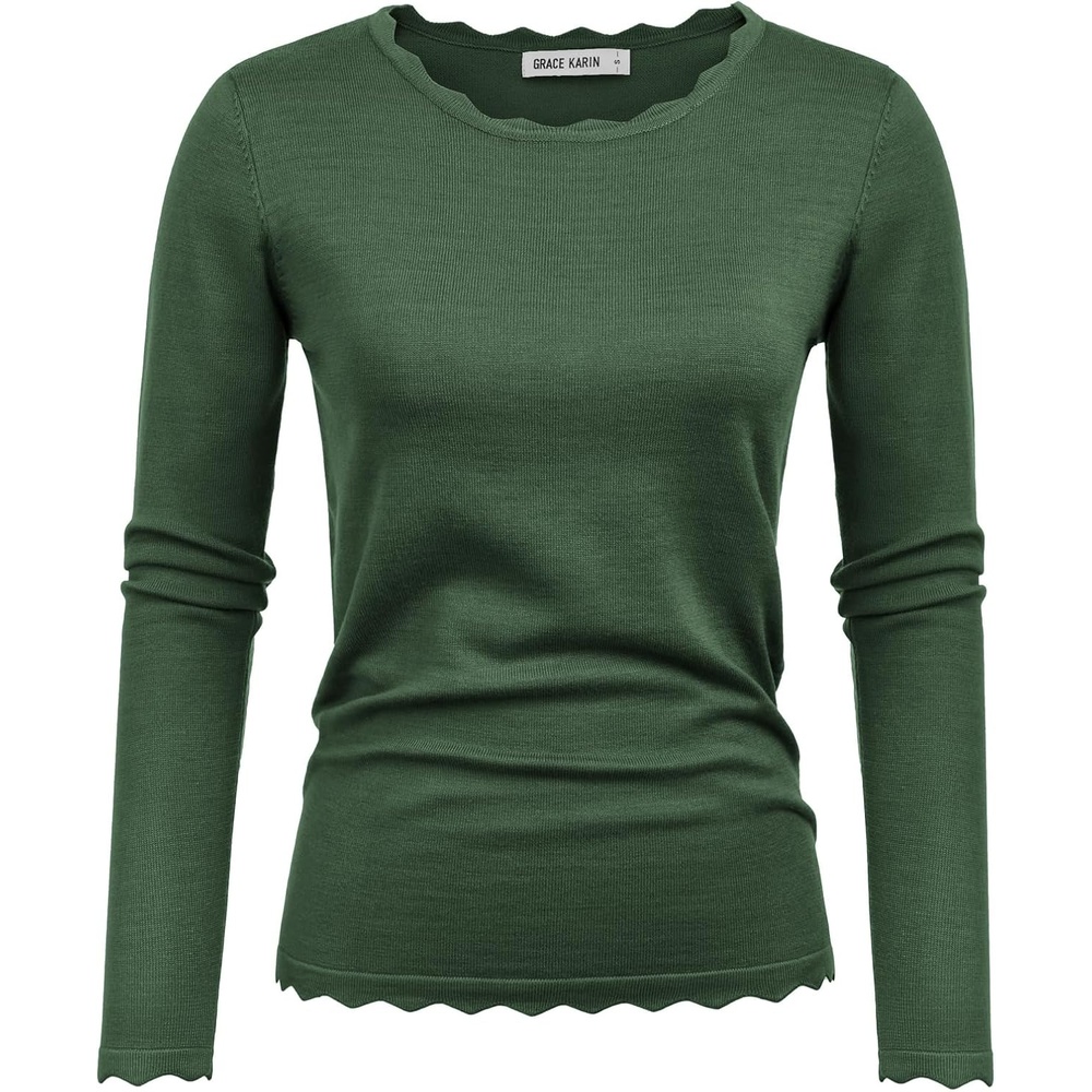 image:imageGRACE KARIN Long Sleeve Fall Sweaters for Women Trendy Business Casual Tops Fashion ClothesClassic Pullover ShirtCrew NeckScallopedLightweightSoft ComfyFittedKnitStretchyWinter Layer ClothingLight Army Green