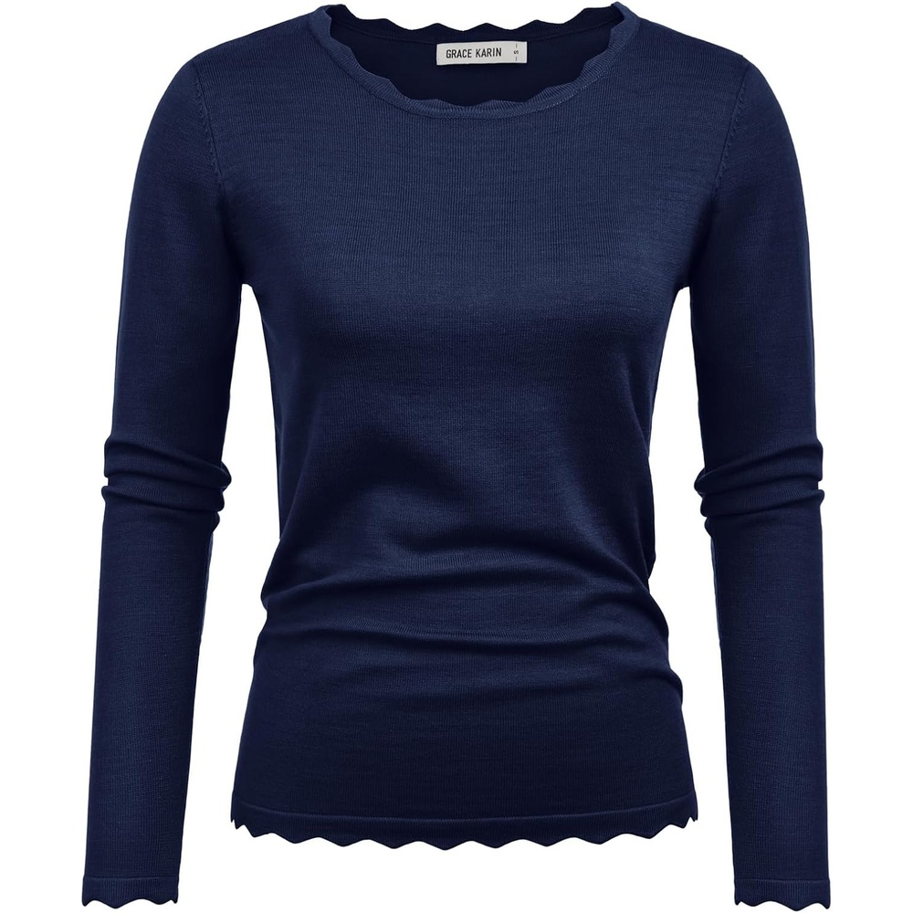 image:imageGRACE KARIN Long Sleeve Fall Sweaters for Women Trendy Business Casual Tops Fashion ClothesClassic Pullover ShirtCrew NeckScallopedLightweightSoft ComfyFittedKnitStretchyWinter Layer ClothingNavy Blue3