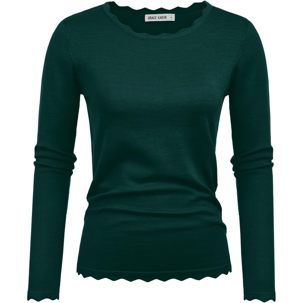 image:imageGRACE KARIN Long Sleeve Fall Sweaters for Women Trendy Business Casual Tops Fashion ClothesClassic Pullover ShirtCrew NeckScallopedLightweightSoft ComfyFittedKnitStretchyWinter Layer ClothingDeep Green