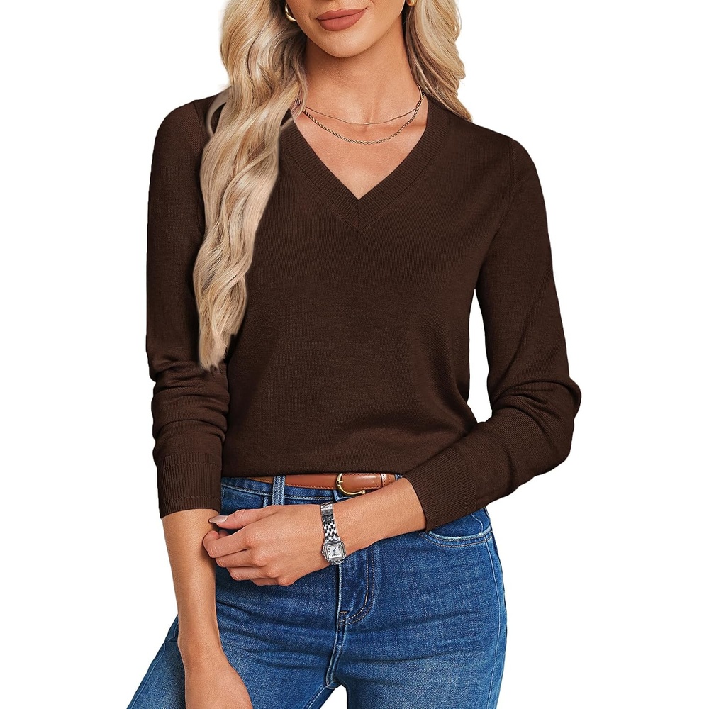 image:imageGRACE KARIN Long Sleeve V Neck Sweaters for Women Lightweight Knitted Tops Fall Fashion Clothing Business Casual OutfitsChocolate Brown