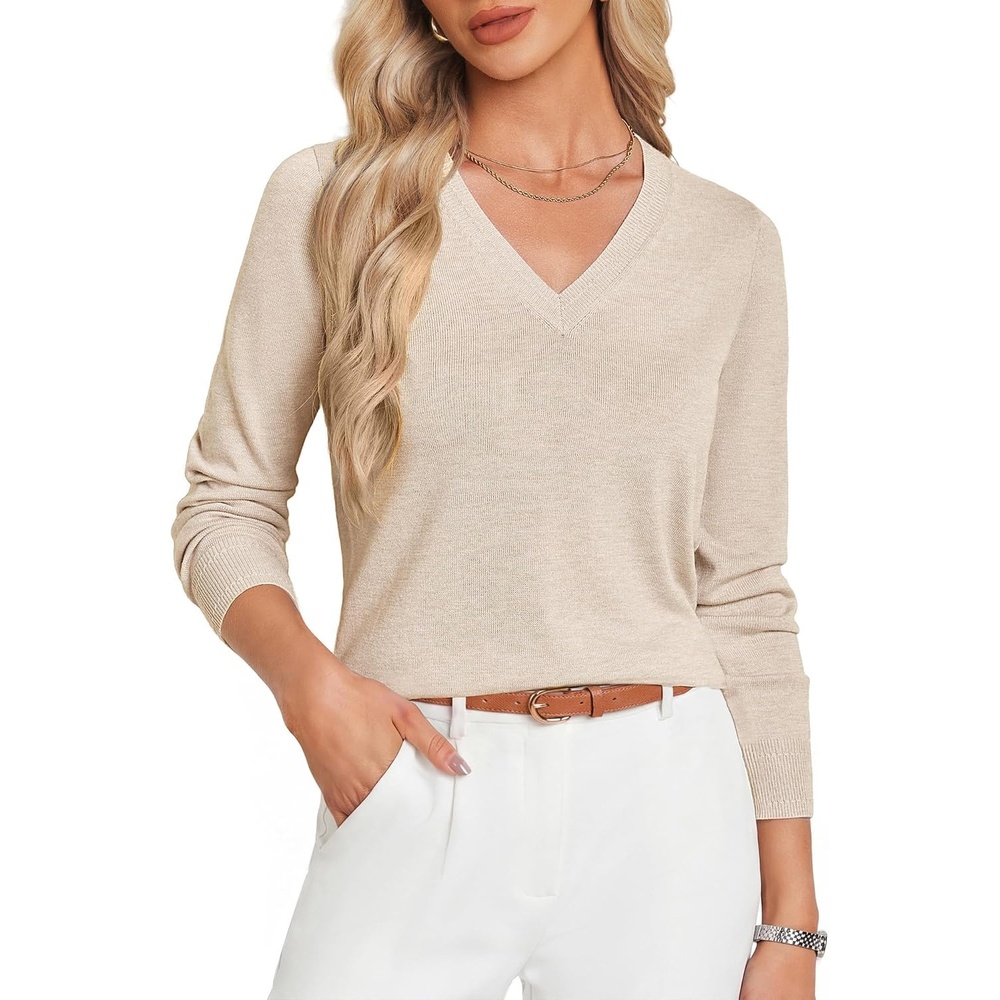 image:imageGRACE KARIN Long Sleeve V Neck Sweaters for Women Lightweight Knitted Tops Fall Fashion Clothing Business Casual OutfitsHeather Beige