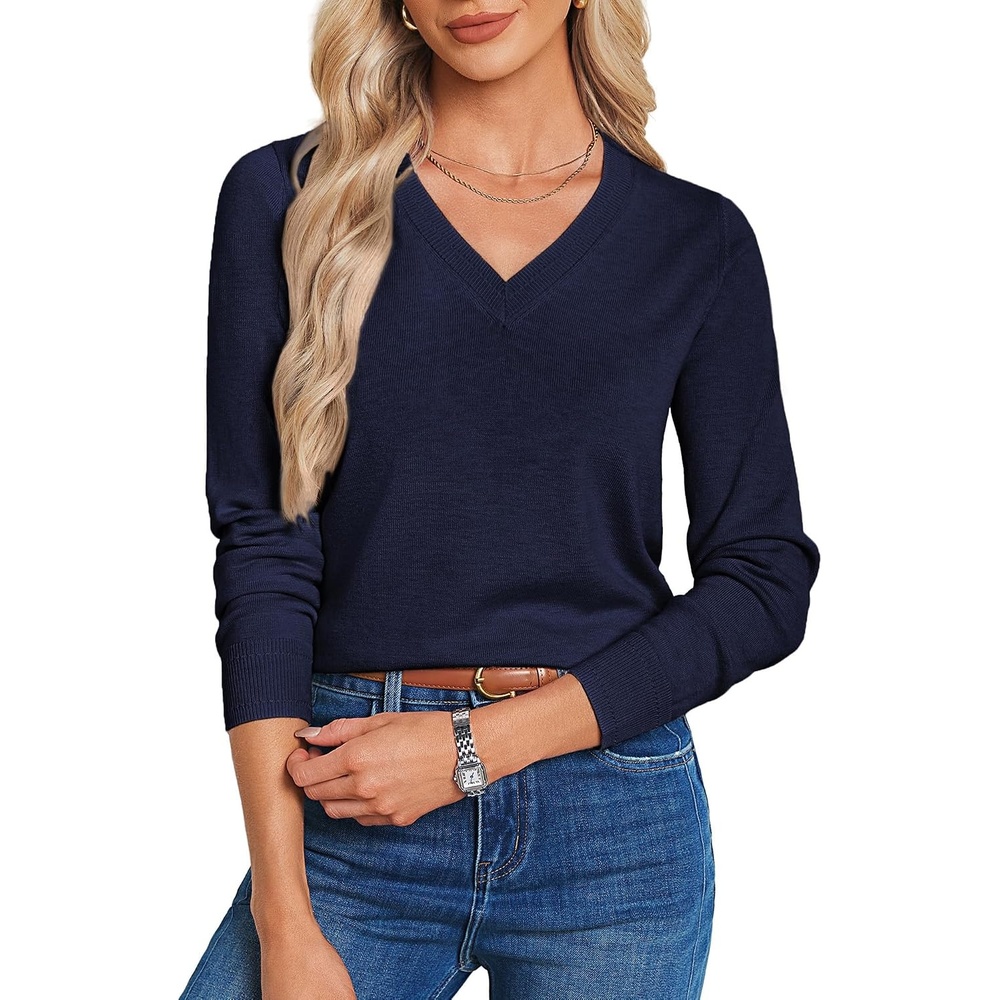 image:imageGRACE KARIN Long Sleeve V Neck Sweaters for Women Lightweight Knitted Tops Fall Fashion Clothing Business Casual OutfitsNavy Blue