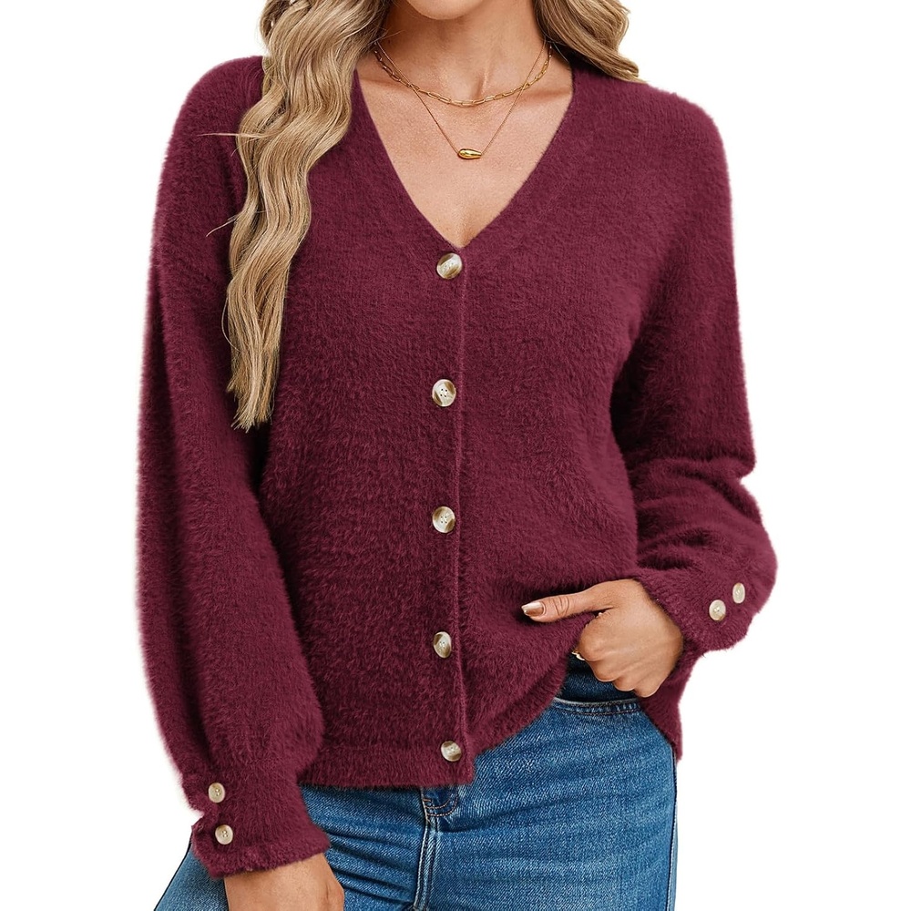 image:imageGRACE KARIN Women Fuzzy Cardigan Sweater Furry Wool Blend Button Up Sweaters 2026 Fall FashionWine Red