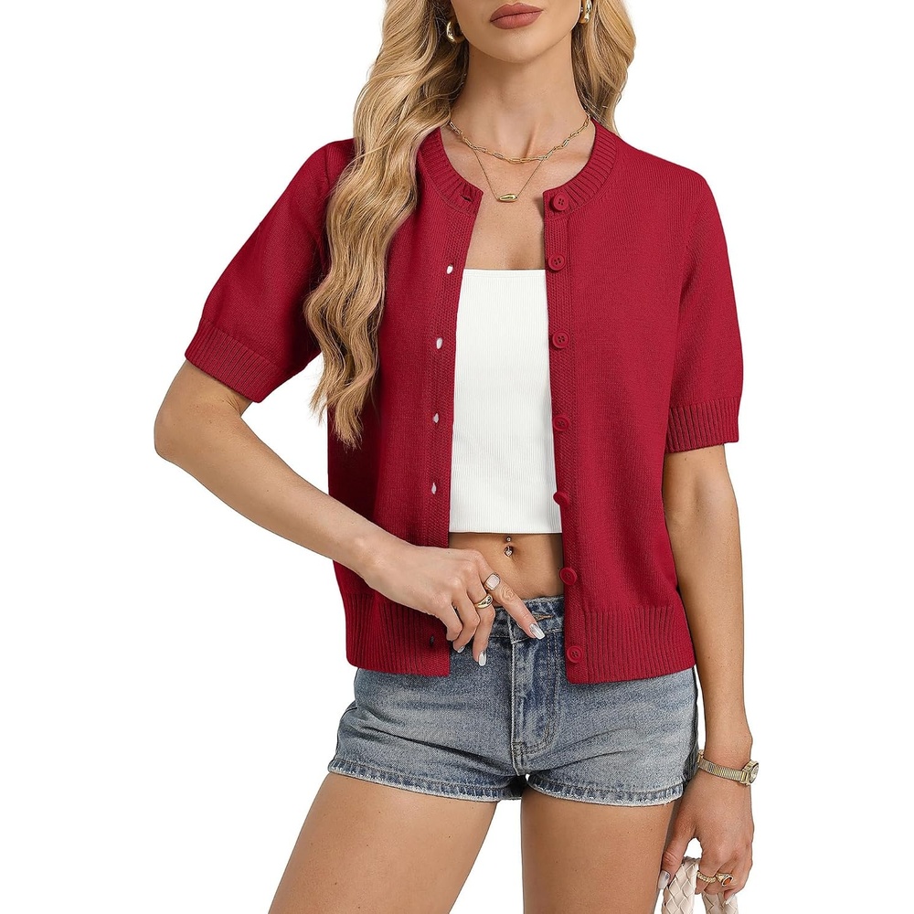 image:imageGRACE KARIN Womens Casual Short Sleeve Cardigan Summer Button Up Sweater 2026 Button Down Cropped Shrug SweaterCrew Neck Ribbed Knit Sweaters Suitable for daliybusiness casualofficeRed