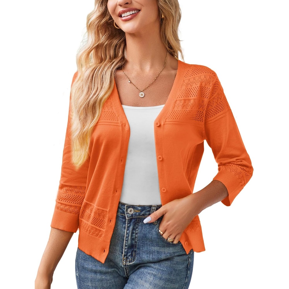 image:imageGRACE KARIN Womens Cropped Cardigans Lightweight Shrugs Summer 34 Sleeve Crochet Tops 2026 HollowedOut Knit Sweater Dressy Casual Solid Color CardiganOrange