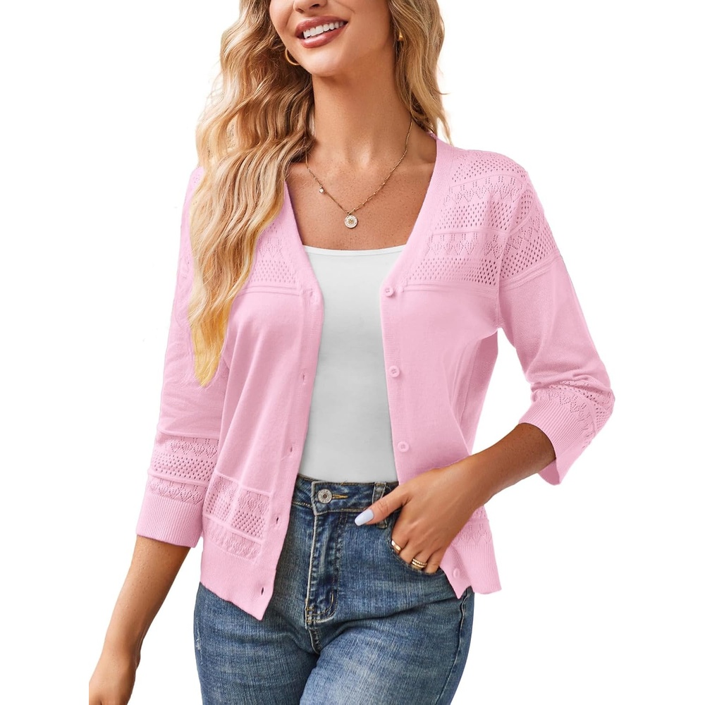 image:imageGRACE KARIN Womens Cropped Cardigans Lightweight Shrugs Summer 34 Sleeve Crochet Tops 2026 HollowedOut Knit Sweater Dressy Casual Solid Color CardiganLightpink