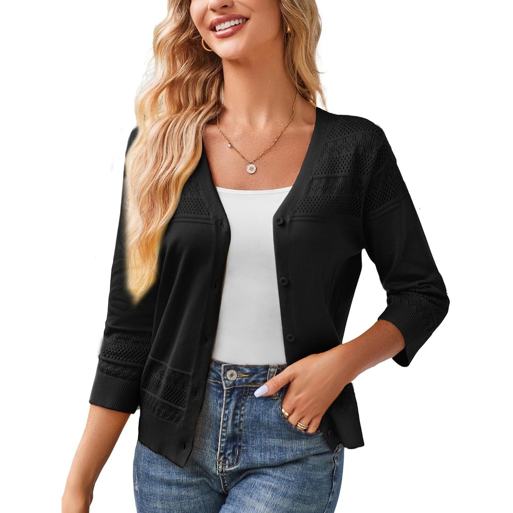 image:imageGRACE KARIN Womens Cropped Cardigans Lightweight Shrugs Summer 34 Sleeve Crochet Tops 2026 HollowedOut Knit Sweater Dressy Casual Solid Color CardiganBlack