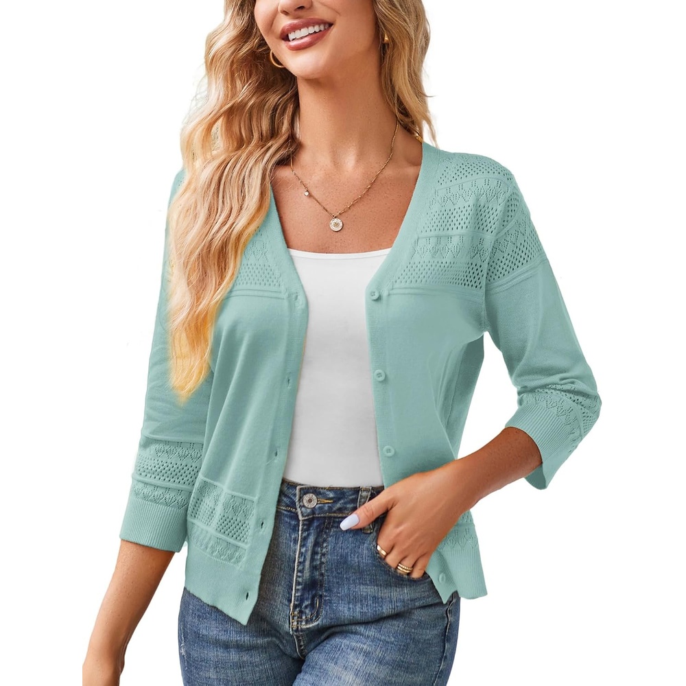image:imageGRACE KARIN Womens Cropped Cardigans Lightweight Shrugs  Summer 34 Sleeve Crochet Tops 2026 HollowedOut Knit Sweater Dressy Casual Solid Color CardiganMist Blue