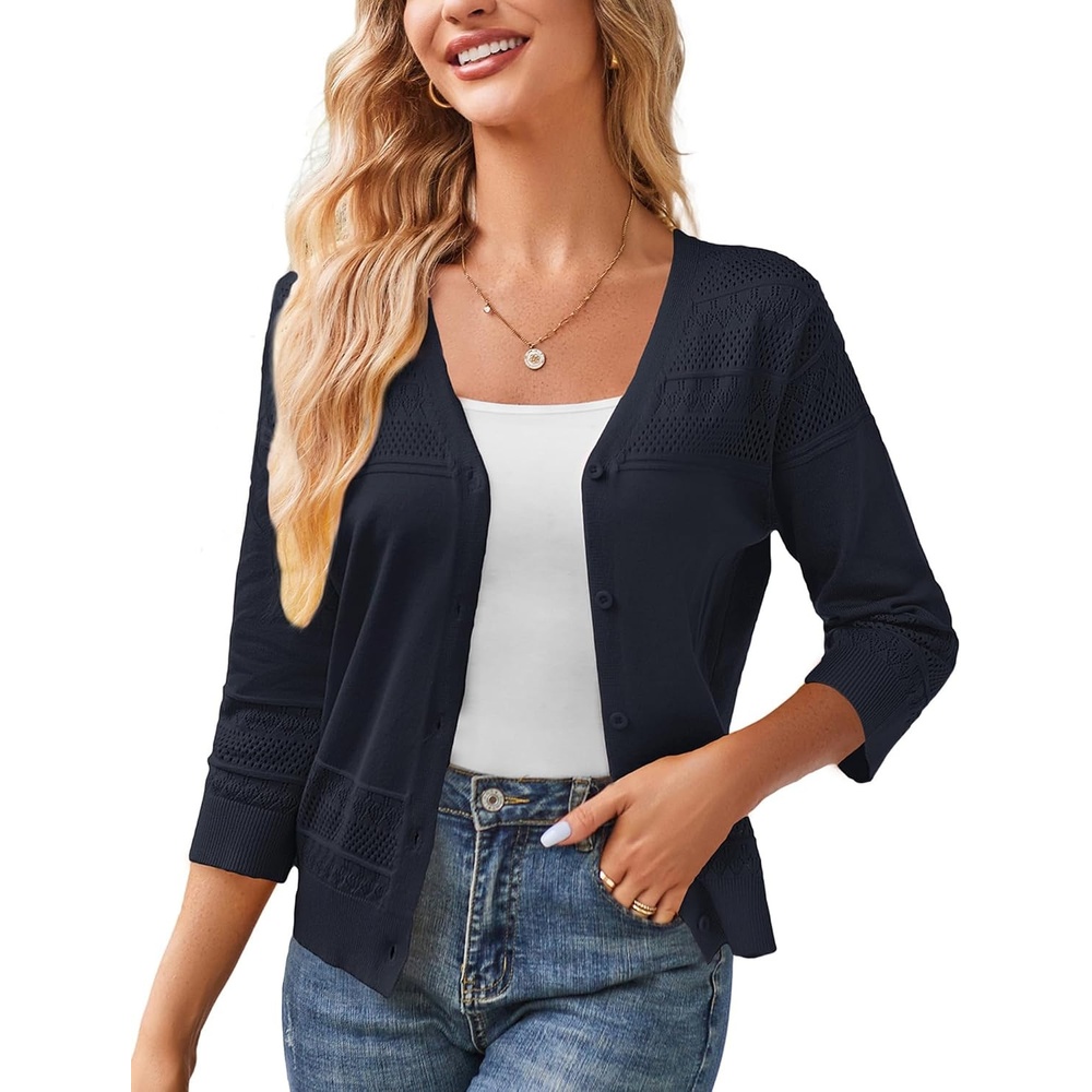 image:imageGRACE KARIN Womens Cropped Cardigans Lightweight Shrugs Summer 34 Sleeve Crochet Tops 2026 HollowedOut Knit Sweater Dressy Casual Solid Color CardiganDark Blue