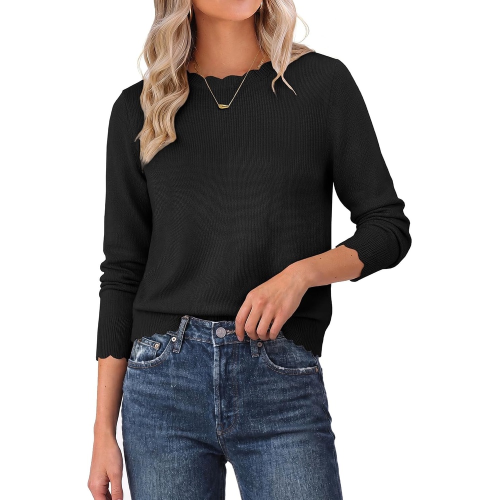image:imageGRACE KARIN Womens Fall Sweaters Crew Neck Cropped Cozy Sweater for Women Business Casual Scalloped Knit Pullover TopsBlack