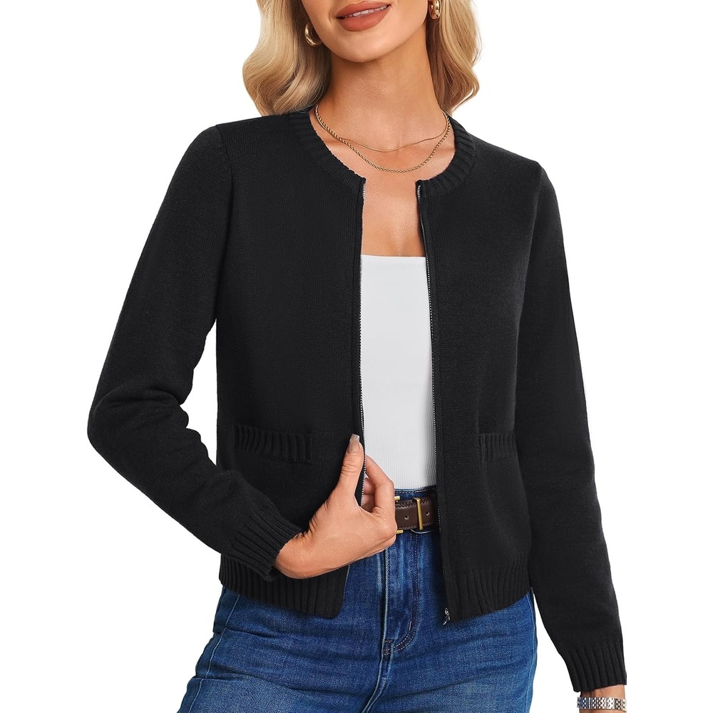 image:imageGRACE KARIN Womens Zip Up Cardigan Sweaters Long Sleeve Cropped Jacket Ribbed Knit Outerwear Fall Fashion ClothesBlack