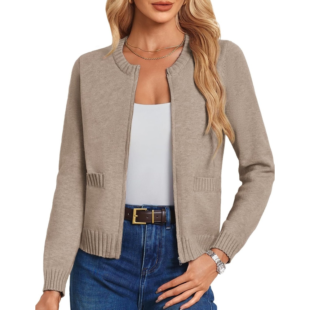 image:imageGRACE KARIN Womens Zip Up Cardigan Sweaters Long Sleeve Cropped Jacket Ribbed Knit Outerwear Fall Fashion ClothesKhaki Apricot