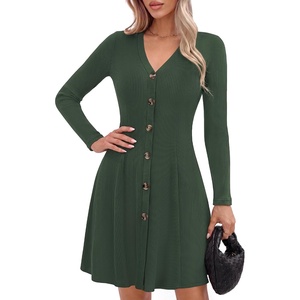 GRACE KARIN 2026 Women’s V-Neck Ribbed Knit A-Line Mini Fall Sweater Dress | Soft Warm Knit, Non-see-through, Stretchy Fitted A-line, Decorative Buttons, Western Style, Daily Casual, Pair with Boots(Army Green)