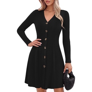 GRACE KARIN 2026 Women’s V-Neck Ribbed Knit A-Line Mini Fall Sweater Dress | Soft Warm Knit, Non-see-through, Stretchy Fitted A-line, Decorative Buttons, Western Style, Daily Casual, Pair with Boots(Black)