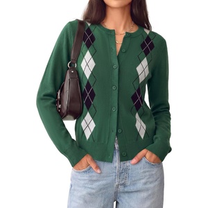 GRACE KARIN Cardigan for Women Argyle Button Up Fall Sweaters Cozy Long Sleeve Teacher Outfits(Argyle Green)