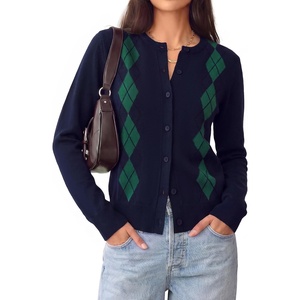 GRACE KARIN Cardigan for Women Argyle Button Up Fall Sweaters Cozy Long Sleeve Teacher Outfits(Argyle Navy Blue)