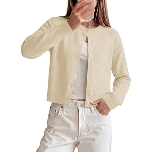 GRACE KARIN Cropped Cardigan Sweaters for Women Long Sleeve Crew Neck Open Front Jackets Y2K Fall Fashion Clothes 2026(Cream)