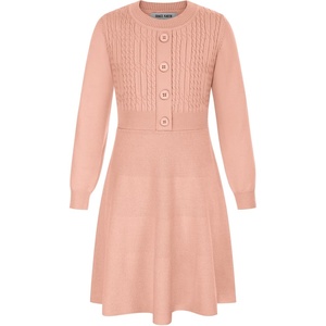 GRACE KARIN Girl Dress Long Sleeve Sweater Ruffle Button Front Knit Casual Fall Winter Dresses for Girls 5-12(Coral Pink)