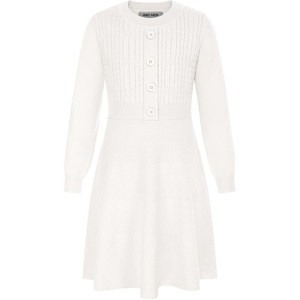 GRACE KARIN Girl Dress Long Sleeve Sweater Ruffle Button Front Knit Casual Fall Winter Dresses for Girls 5-12(Ivory White)