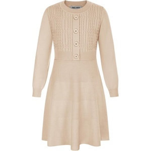 GRACE KARIN Girl Dress Long Sleeve Sweater Ruffle Button Front Knit Casual Fall Winter Dresses for Girls 5-12(Light Camel)