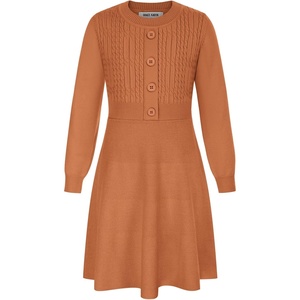 GRACE KARIN Girl Dress Long Sleeve Sweater Ruffle Button Front Knit Casual Fall Winter Dresses for Girls 5-12(Pumpkin Orange)