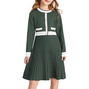 GRACE KARIN Girls Sweater Fall Dress Long Sleeve Casual Winter Dresses 6-16 | Holiday School Birthday Church Party Elegant Preppy Color Block Tween(Army Green)