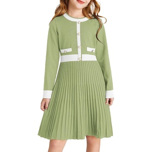 GRACE KARIN Girls Sweater Fall Dress Long Sleeve Casual Winter Dresses 6-16 | Holiday School Birthday Church Party Elegant Preppy Color Block Tween(Light Green)
