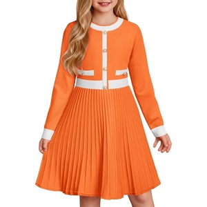 GRACE KARIN Girls Sweater Fall Dress Long Sleeve Casual Winter Dresses 6-16 | Holiday School Birthday Church Party Elegant Preppy Color Block Tween(Orange)