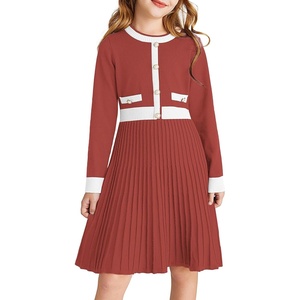 GRACE KARIN Girls Sweater Fall Dress Long Sleeve Casual Winter Dresses 6-16 | Holiday School Birthday Church Party Elegant Preppy Color Block Tween(Reddish Brown)