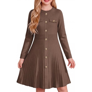 GRACE KARIN Girls Sweater Fall Dress Long Sleeve Knit Button Front Pleated A-Line Casual Winter Midi Dresses 5-14Y(Brown)