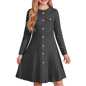 GRACE KARIN Girls Sweater Fall Dress Long Sleeve Knit Button Front Pleated A-Line Casual Winter Midi Dresses 5-14Y(Dark Gray)