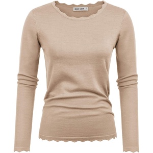 GRACE KARIN Long Sleeve Fall Sweaters for Women Trendy Business Casual Tops | Fashion Clothes,Classic Pullover Shirt,Crew Neck,Scalloped,Lightweight,Soft Comfy,Fitted,Knit,Stretchy,Winter Layer Clothing(Khaki)