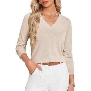 GRACE KARIN Long Sleeve V Neck Sweaters for Women Lightweight Knitted Tops Fall Fashion Clothing Business Casual Outfits(Heather Beige)