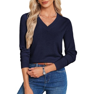 GRACE KARIN Long Sleeve V Neck Sweaters for Women Lightweight Knitted Tops Fall Fashion Clothing Business Casual Outfits(Navy Blue)