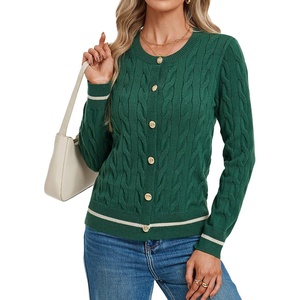 GRACE KARIN Womens Cable Knit Cardigan Button Up Sweaters Lightweight Fall Fashion Clothing Business Casual Outfits(Deep Green Beige Striped)