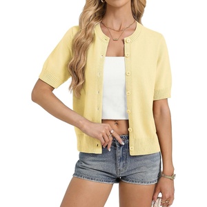 GRACE KARIN Womens Casual Short Sleeve Cardigan, Summer Button Up Sweater | 2026, Button Down, Cropped, Shrug Sweater,Crew Neck, Ribbed Knit Sweaters, Suitable for daliy/business casual/office(Light Yellow)