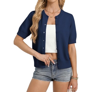 GRACE KARIN Womens Casual Short Sleeve Cardigan, Summer Button Up Sweater | 2026, Button Down, Cropped, Shrug Sweater,Crew Neck, Ribbed Knit Sweaters, Suitable for daliy/business casual/office(Navy Blue)