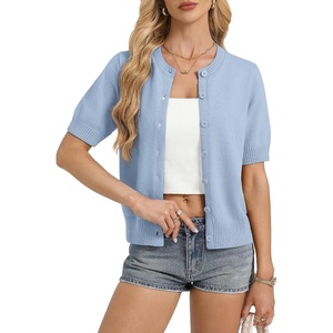 GRACE KARIN Womens Casual Short Sleeve Cardigan, Summer Button Up Sweater | 2026, Button Down, Cropped, Shrug Sweater,Crew Neck, Ribbed Knit Sweaters, Suitable for daliy/business casual/office(Light Blue)