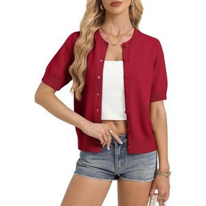 GRACE KARIN Womens Casual Short Sleeve Cardigan, Summer Button Up Sweater | 2026, Button Down, Cropped, Shrug Sweater,Crew Neck, Ribbed Knit Sweaters, Suitable for daliy/business casual/office(Red)