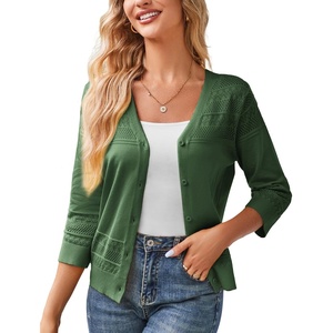 GRACE KARIN Women’s Cropped Cardigans Lightweight Shrugs | Summer 3/4 Sleeve Crochet Tops, 2026 Hollowed-Out Knit Sweater, Dressy Casual Solid Color Cardigan(Army Green)