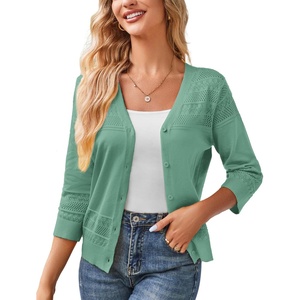 GRACE KARIN Women’s Cropped Cardigans Lightweight Shrugs | Summer 3/4 Sleeve Crochet Tops, 2026 Hollowed-Out Knit Sweater, Dressy Casual Solid Color Cardigan(Lake Blue)