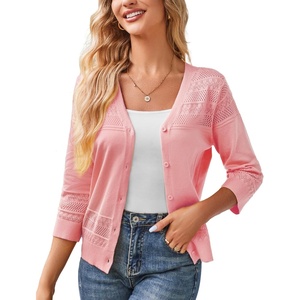 GRACE KARIN Women’s Cropped Cardigans Lightweight Shrugs | Summer 3/4 Sleeve Crochet Tops, 2026 Hollowed-Out Knit Sweater, Dressy Casual Solid Color Cardigan(Pink)