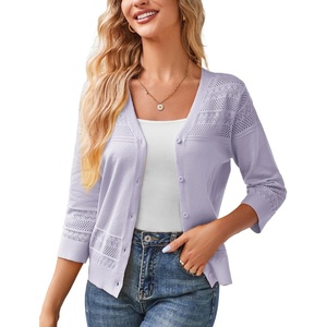 GRACE KARIN Women’s Cropped Cardigans Lightweight Shrugs | Summer 3/4 Sleeve Crochet Tops, 2026 Hollowed-Out Knit Sweater, Dressy Casual Solid Color Cardigan(Puple)