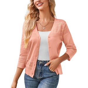 GRACE KARIN Women’s Cropped Cardigans Lightweight Shrugs | Summer 3/4 Sleeve Crochet Tops, 2026 Hollowed-Out Knit Sweater, Dressy Casual Solid Color Cardigan(Light Orange)